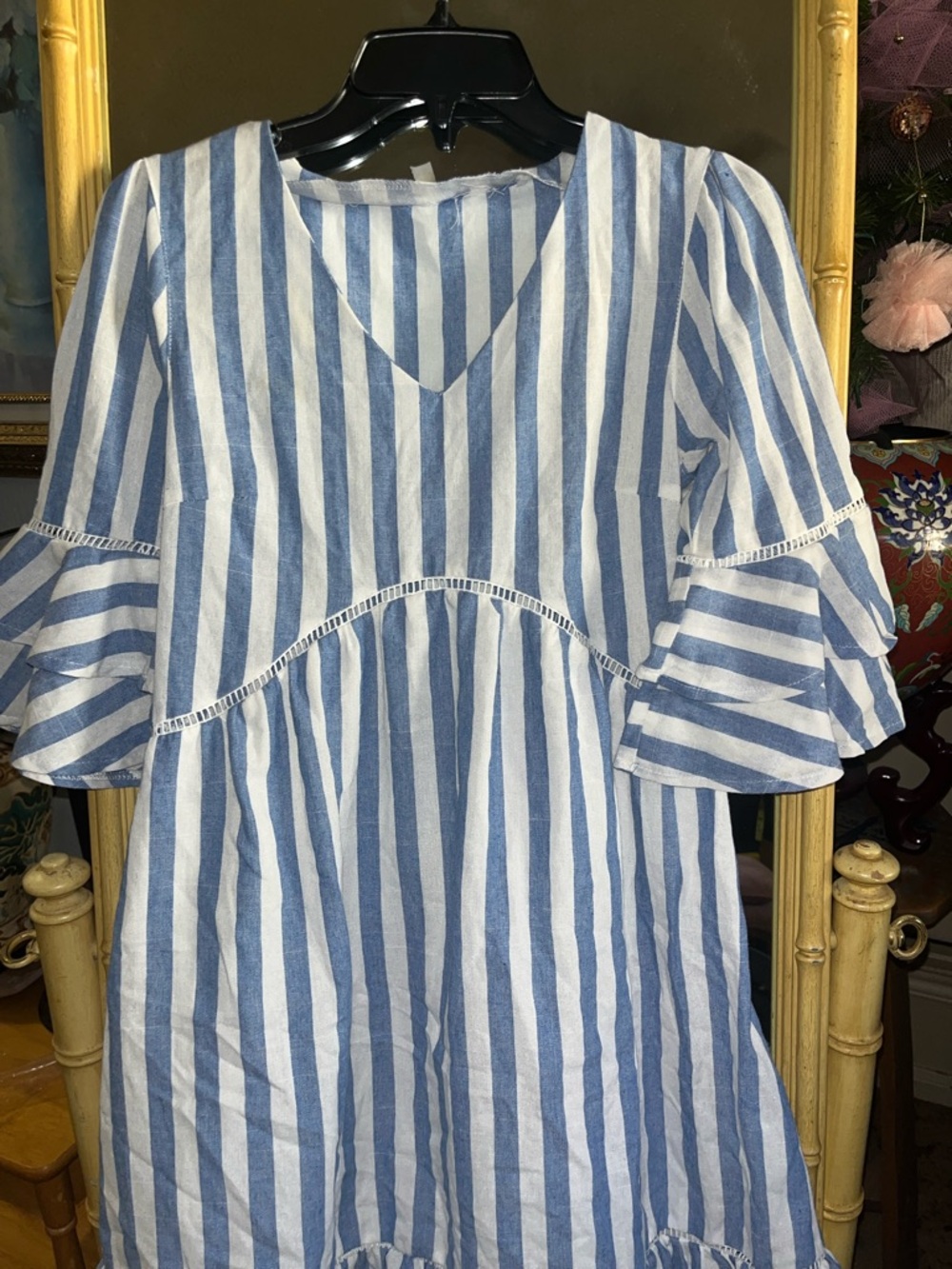 Striped Blue & White Ruffle Mini Dress - Picture 4 of 4
